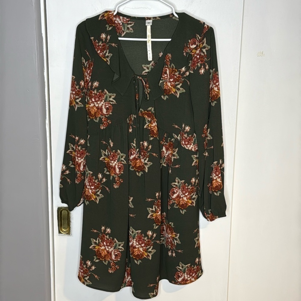 Anthropology Uncle Frank M, dark green academia, floral, ruffle, baby doll dress